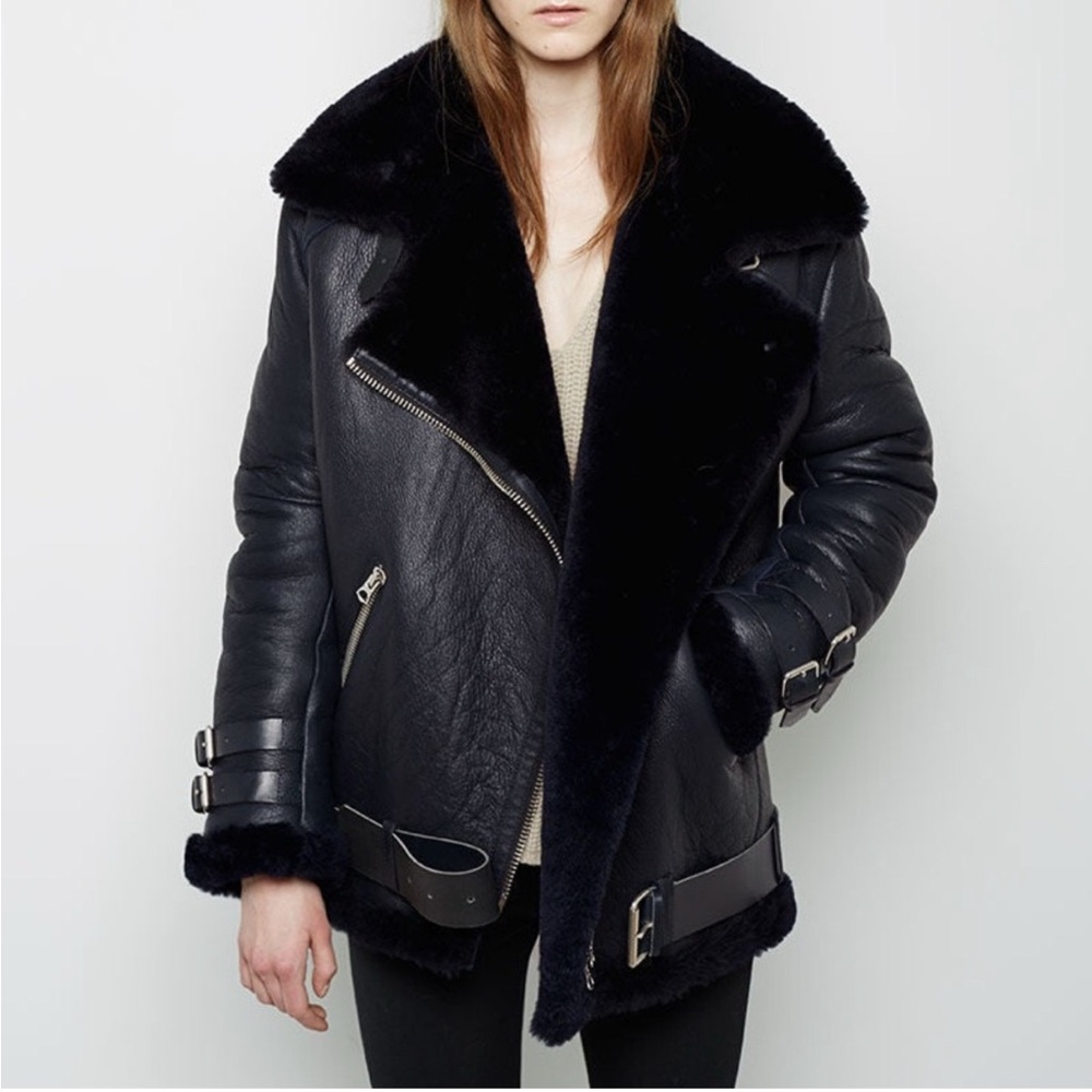 Acne Black Leather Shearling Jacket EU 38 Small